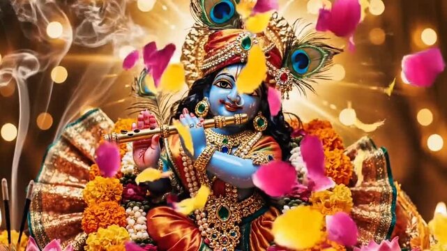 Lord Krishna Playing Flute with Falling Petals for Janmashtami