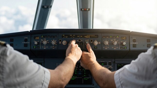 Pilots hands adjusting dials on the autopilot glare shield control panel in the cockpit of an airplane