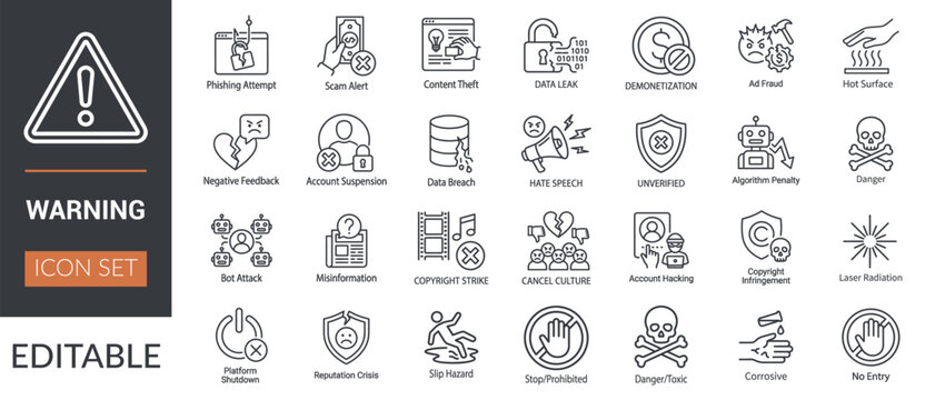 Warning Icon Set &ndash; Cybersecurity, Risk, and Hazard Line Icons Collection