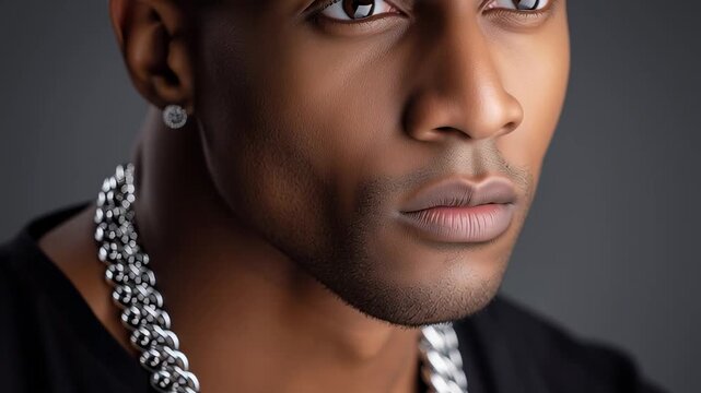 Stylish rapper in cap and chain jewelry looking confidently at camera creating urban hip hop culture and street style concept