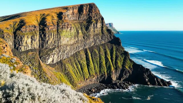 Bold volcanic mountains meeting the ocean beside silver foliage and rhythmic surf lines, rugged cliff faces and vivid maritime color shaping a dramatic high coast panorama in bright daylight