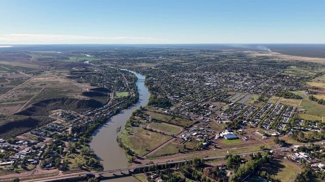 Aerial panoramic view of Rio Colorado city in Rio Negro, Argentina.