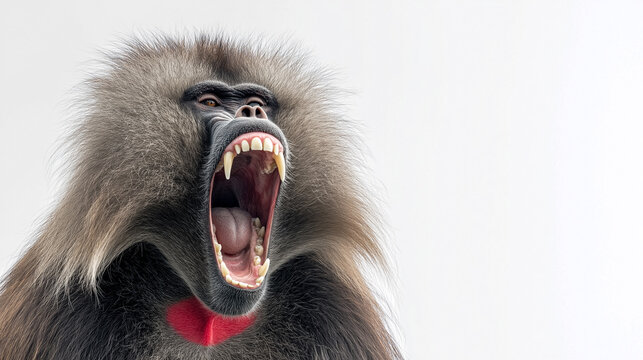 Roaring gelada baboon with open mouth showing teeth and red chest patch isolated on light background with copy space