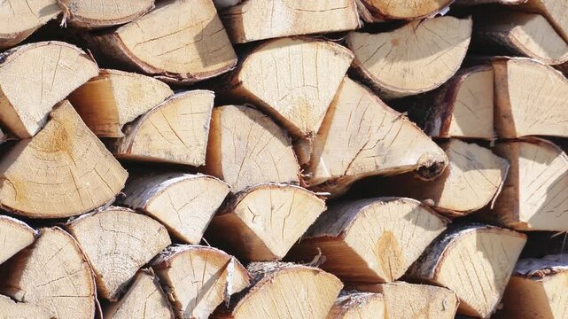 Close-up of neatly stacked firewood outdoors with a focus pull shifting perspective. Natural lighting and soft depth of field create a peaceful rustic atmosphere.
