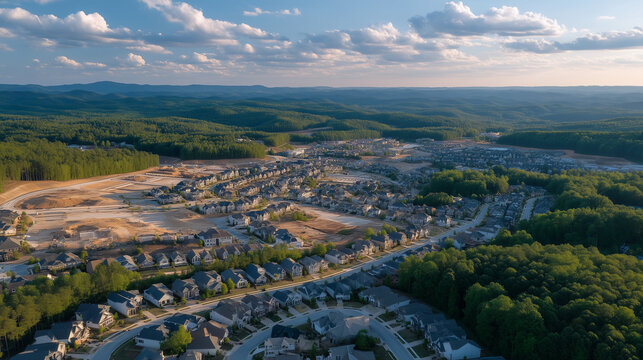 Aerial view of new subdivision under construction beside established neighborhood, raw lots visible beside mature tree canopies, property development contrast, drone real estate overview, spring con