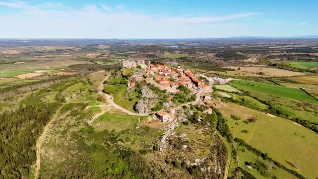 Aerial view of medieval castelo mendo village on a hilltop