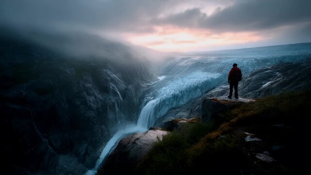 Winter season adventure exploration. A dramatic landscape photograph captures a solitary figure standing on a rocky outcrop overlooking a cascading waterfall.