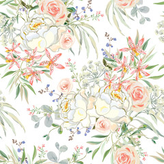 Naklejka premium Roses, orchid flowers, leaves, greenery, white background. Floral illustration. Vector seamless pattern. Botanical design. Summer garden bouquets
