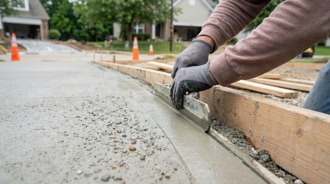Construction worker wearing gloves using a metal hand edger tool to finish the border of a wet concrete driveway