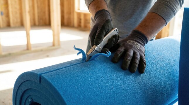 Construction worker wearing gloves using a utility knife to cut a thick roll of blue foam insulation