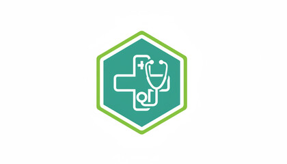 Fototapeta premium Medical health care icon with stethoscope and pharmacy cross inside a hexagon for healthcare and insurance use