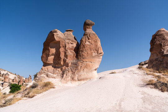 Camel-shaped fairy chimneys in the Devrent Valley in Cappadicia, T&uuml;rkiye on an August day.