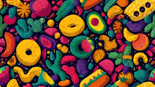 Whimsical vibrant illustration with various foods and plants arranged in an abstract pattern