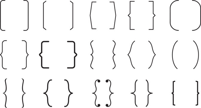 Bracket collection: An organized assortment of diverse brackets, meticulously arranged, presenting various forms and styles, ideal for a design, coding or mathematical purpose. png
