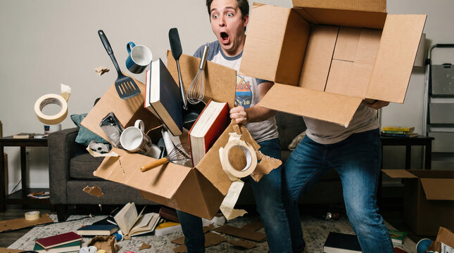 Man dropping cardboard box full of household items while moving house. Chaos and stress of apartment relocation. Moving day disaster.