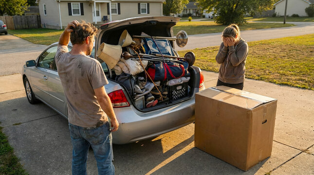 Man scratching his head and woman with face in hands by car with an overflowing trunk. Failed attempt to move using small car.