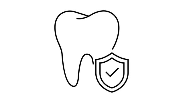 Minimalist black line vector icon illustration of a tooth with a protective shield and checkmark, representing dental insurance, oral health coverage, hygiene protection, and professional care.