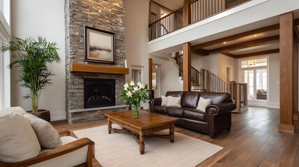 Obraz premium A luxurious modern living room featuring a stone fireplace elegant wooden furnishings and a sweeping interior staircase