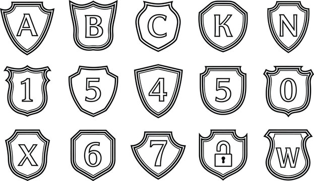 Vintage heraldic icon set decorative shield shapes with letters and numbers