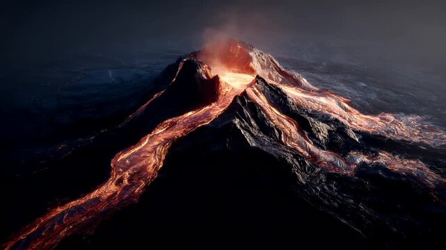 Outdoor exploration adventure. A dramatic, highresolution digital artwork depicts a volcanic eruption. The main subject is a towering, jagged mountain peak engulfed in molten lava.