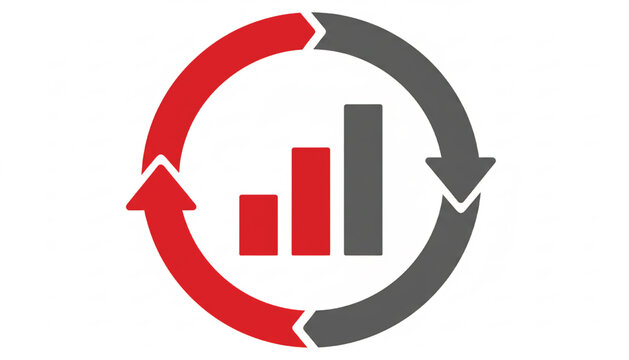 Circular bar chart with red upward arrow and dark gray downward arrow icon for growth and analytics featuring improvement, decrease, trend with