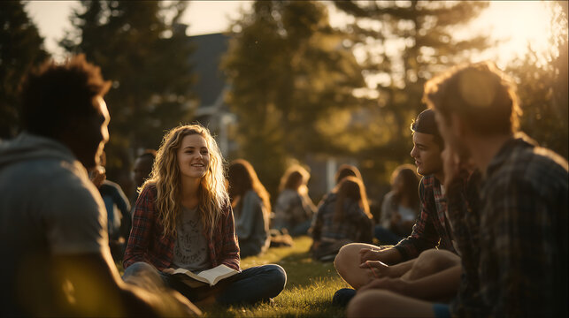 Late in the evening, a group of college students gathered on the green grass for a Bible study; a group of young people, aged 18-22, sat in a circle on the lawn, some holding open Bibles, others liste