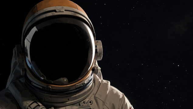 An astronaut in a space suit stands near the surface of the Moon, a symbol of exploration and discovery