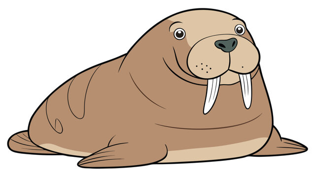 A cartoon illustration of a whimsical walrus with exaggerated features including large tusks and a rounded body, resting on a plain white background