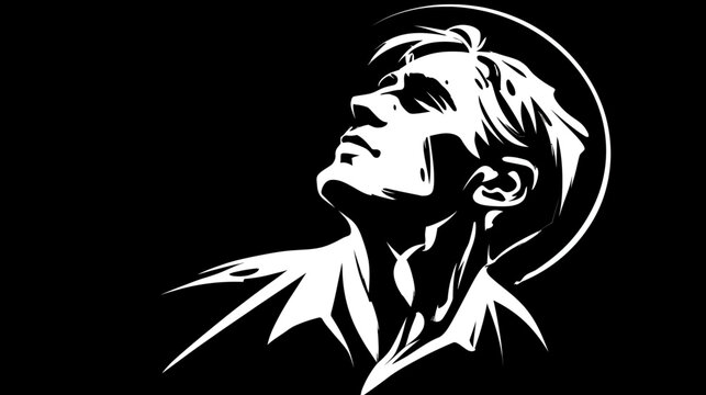 Stylized black and white illustration of a man looking up with hope, inspiration, and contemplation, illuminated by light.