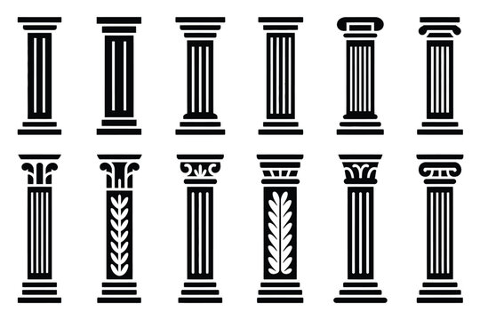 Pillar icon set ancient column design, classical architecture column symbol collection, Greek Roman temple structure concept vector