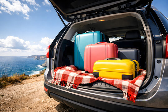 Suitcases in Open Car Trunk by the Seaside &ndash; Summer Vacation and Travel.