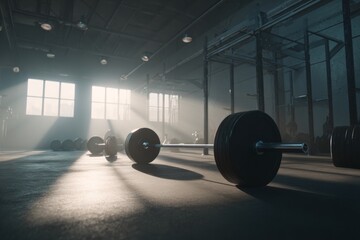 Sunlit Gym Interior Showcasing Barbells and Workout Equipment in a Cinematic Fitness Atmosphere