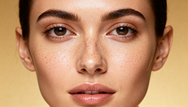 Portrait of a young woman with natural freckles on her face. Brown eye woman with glowing skin for beauty and skincare advertising. Concept of clean face, self care and natural beauty.