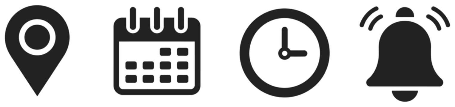 Time date and notification line icons calendar address location pointer and alarm bell notice alert business schedule and office time clock location place date reminder, event scheduling and time 