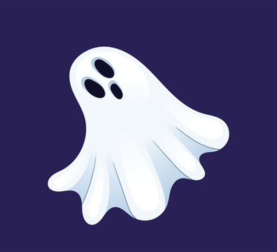 Friendly cartoon ghost with a surprised face. White flying spirit with large eyes and wavy edges. Flat style character on dark purple background. Perfect for Halloween decor. Vector illustration.