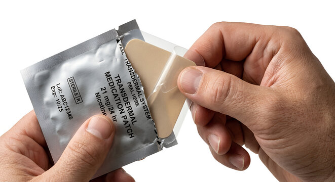 Hand holding a transdermal patch with a peelable liner and adhesive backing, isolated on transparent background for medication delivery and pain management