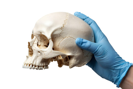 Hand holding a human skull (cranium and mandible) isolated on a transparent background, representing anatomy, mortality studies, and gothic medical themes