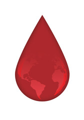 Fototapeta premium Glossy red blood drop with subtle world map reflection, global blood donation and medical awareness concept in clean modern vector style isolated on light background