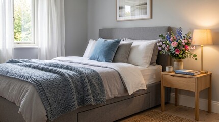 Fototapeta premium Cozy Bedroom Interior with Comfortable Bed, Blue Throw, and Fresh Flowers
