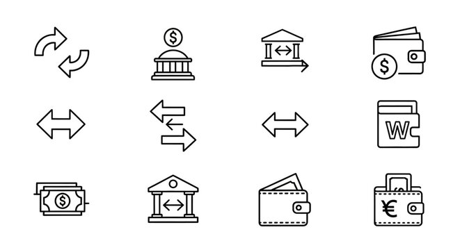 Money exchange, currency transfer, and banking line icons set for financial transactions and digital payment concepts.