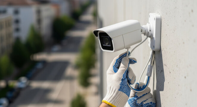 A worker installing a security camera on a building wall, showcasing urban surveillance technology.