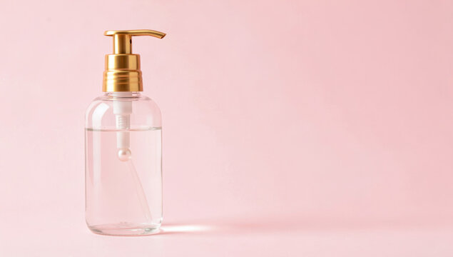 A clear glass bottle with a gold pump cap on a pink background