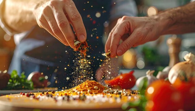 Chef Adding Spices to Food Preparation on Wooden Board.