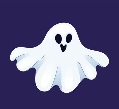 Cute cartoon ghost with heart shaped mouth. White flying spirit with wide black eyes and small wavy hands. Flat style character on dark purple background. Great for Halloween. Vector illustration.