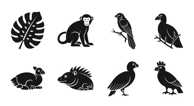 Exotic wildlife and tropical plant silhouettes set. Collection of jungle animals, birds, and leaf vector icons for nature design.