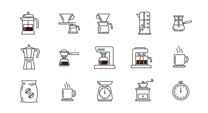 Coffee Brewing Equipment Icons Set. Flat Line Art Tools for Making Espresso, Pour Over, French Press, Drip Coffee.