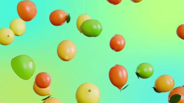Colorful lemons falling on green blue gradient background, seamless loop