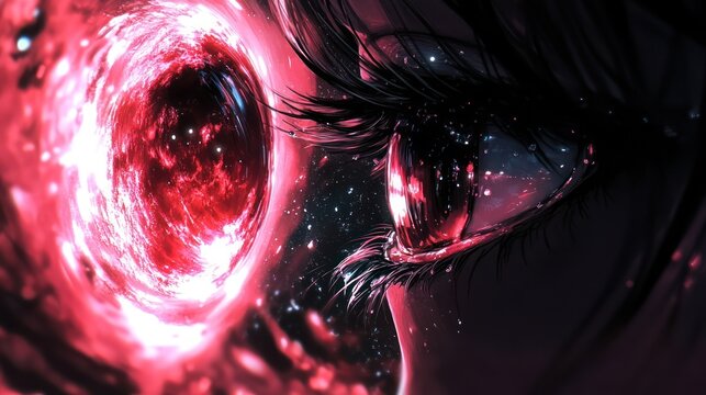 Girl watches red galaxy portal, fantasy background, dreamlike. For book covers