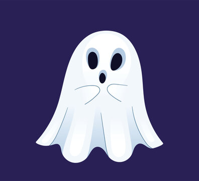 Shocked cartoon ghost with hands on face. White flying spirit with wide open eyes and surprised expression. Flat style character . Great for Halloween art. Vector illustration