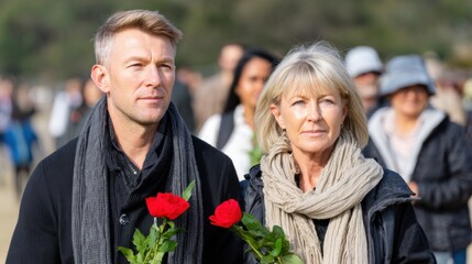 Obraz premium Caucasian couple holding red roses during ANZAC Day memorial service, surrounded by a crowd of attendees in a solemn outdoor setting